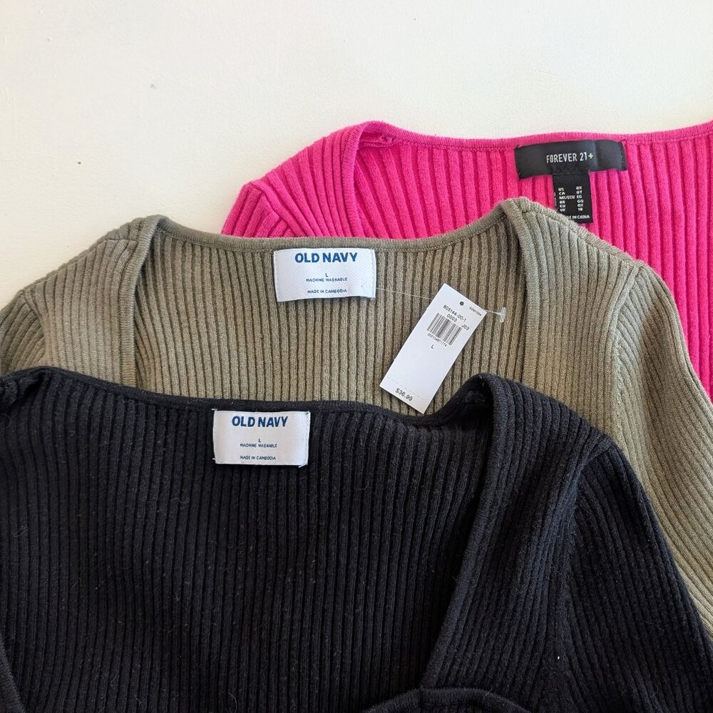 Old Navy NWT Fitted Rib-Knit Sweater Sweetheart Neckline 3 PACK Green Pink Black